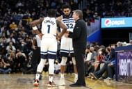 Head coach Chris Finch, Anthony Edwards and Karl-Anthony Towns of the Minnesota Timberwolves